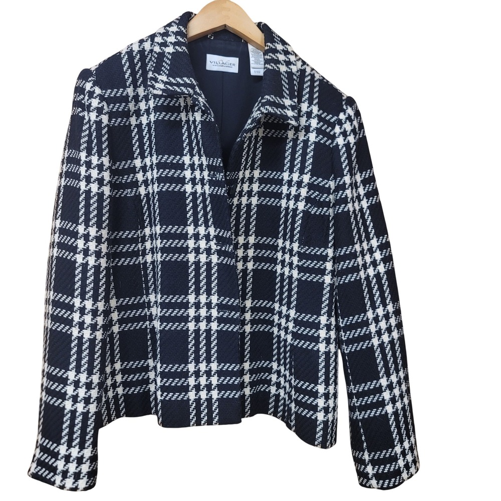 Villager‎ Liz Claiborne Black White Plaid Button Front Blazer Jacket Womens 18W